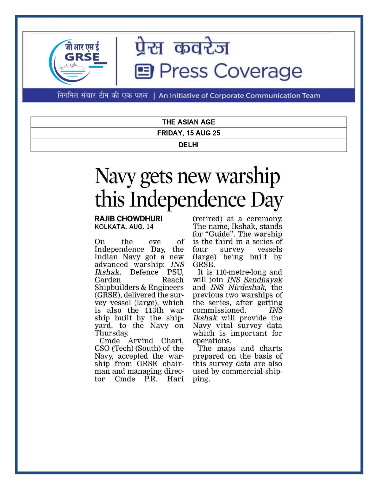 Press Coverage : 15 Aug 25:GRSE delivers survey vessel Ikshak to Navy